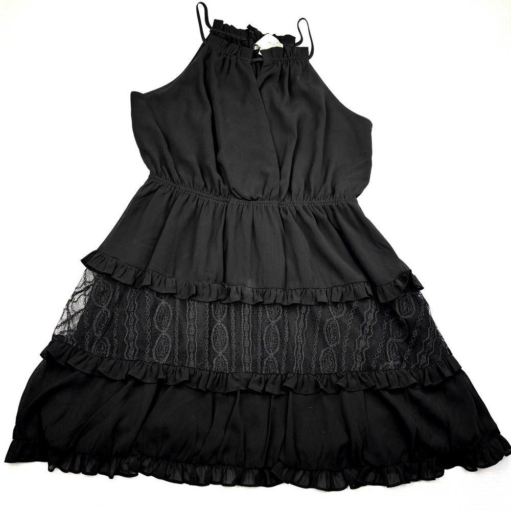 JOA Los Angeles Dress Womens Large Black Halter Lace Tiered Ruffle Cocktail Mini